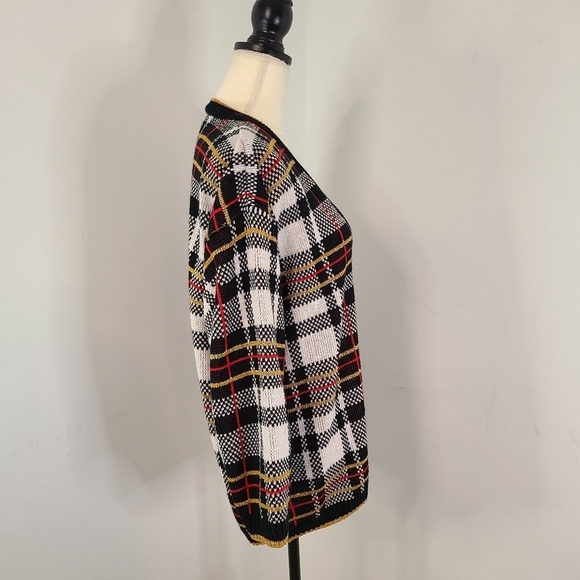 VTG Midnight Blues Metallic Plaid V Neck Sweater MED 90's Academia Relaxed Retro - Picture 3 of 10